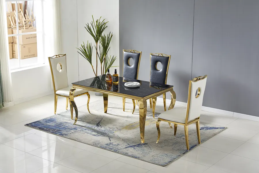 Table à manger BAROQUE, plateau effet marbre noir, pied doré